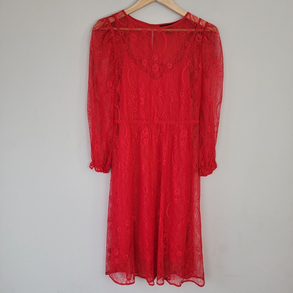 Banana Republic Red Lace Midi Dress Ultrared Long Sleeve Lined Love Preppy Sz S